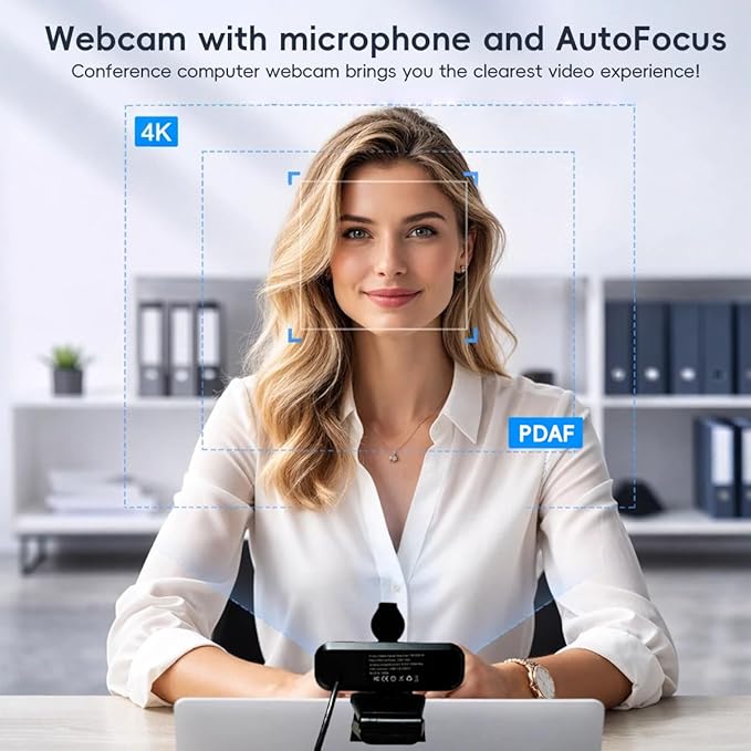4K Autofocus Webcam for PC &amp Laptop USB Plug &amp Play Computer Camera with Dual Noise-Reducing Mics Low-Light Correction Privacy Shutter Tripod Compatible Works with Zoom/Teams/Google Meet