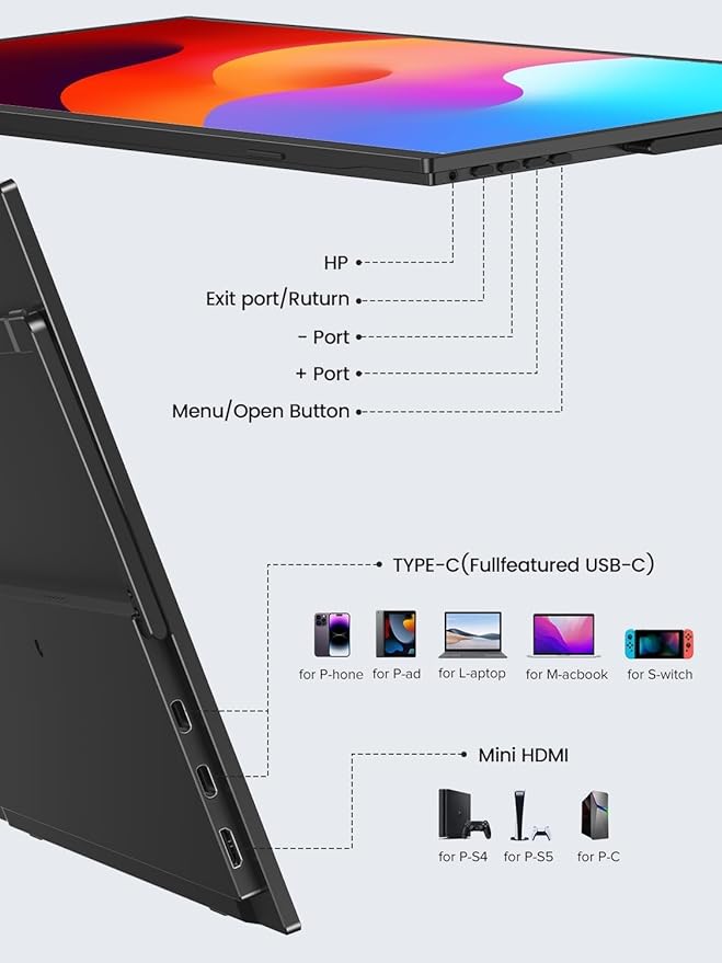 UPERFECT Portable Monitor 15.6 125% sRGB Ultra-Slim Laptop Monitor with Protective Sleeve Built-in Adjustment Stand | Speaker | VESA HDMI USB-C Plug &amp Play Second Screen for Phone Game Console