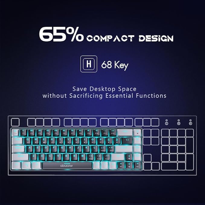abucow 65% Mechanical Gaming KeyboardBlue Switch Wired Compact Keyboard with Blue Backlight Swappable Gray Black Keycaps for Windows/Mac