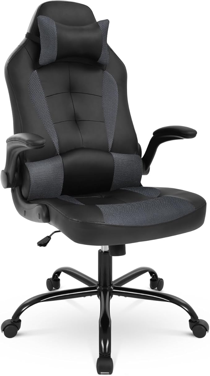 Gaming Chair PU Leather Computer Chair with Flip-up Armrest and Lumbar Support Ergonomic High Back Home Office Chair Comfy Video Game Chair for Home Bedroom Grey