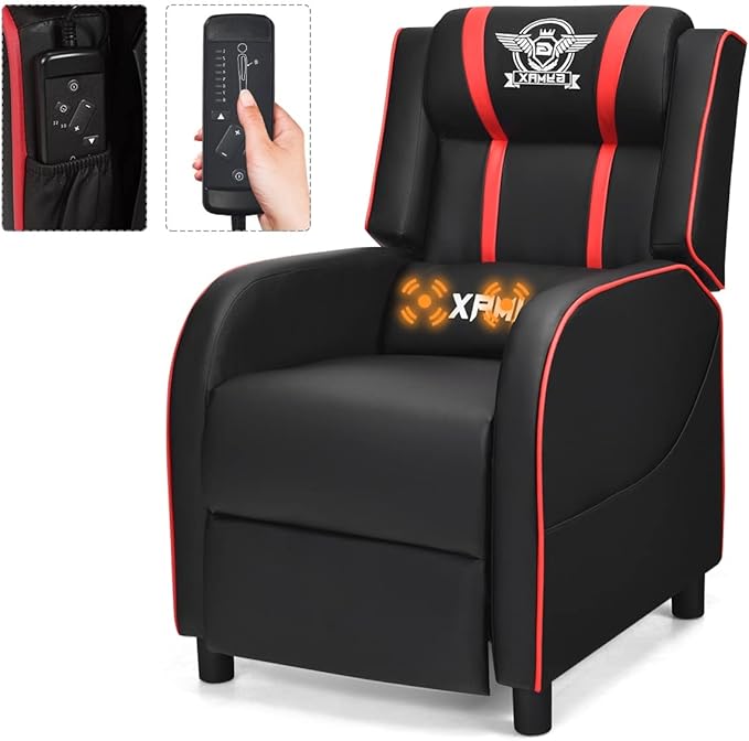 Gaming Recliner Movie Theater Chair w/Adjustable Backrest &amp Footrest Massage Lumbar Pillow Racing Single Sofa PU Leather Reclining Chair for Gaming Room Home Theater (Red)