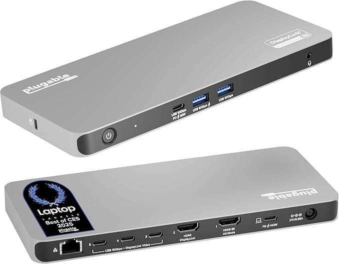 Plugable USB C Docking Station 5 Monitors 140W DisplayLink Dock Connects up to Five 4K Displays for MacBook Windows Thunderbolt 4 Laptops 2x HDMI 3x USBC 2.5Gbps Ethernet Driver Required UD-7400PD