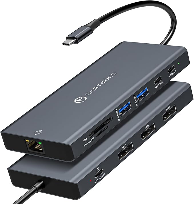 USB C Docking Station 3 Monitors 100W PD 12 in 1 Thunderbolt to Triple Monitor Docking Station USB C Hub Multiple Adapter 2xUSB-C 3.2 2xUSB-A 3.0 SD Card 1000Mbps Ethernet Light Gray
