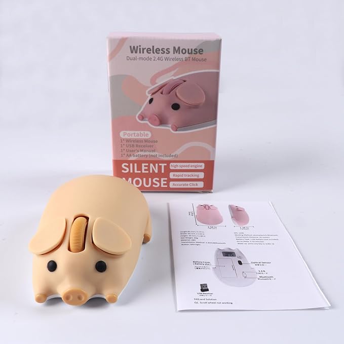 Cute Bluetooth Wireless Mouse with 2.4GHz USB Receiver Cartoon Pig Dual Mode Computer Mouse Silent Clicks Optical Mice for Laptops Mac iPad PC Chromebook Office Students Home Gift(Yellow)
