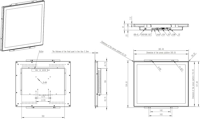 17 Inch Open Frame Capacitive Touchscreen Monitor1280x1024 Resolution 5:4 Aspect Ratio WaterproofVESA+Panel Mount for Kiosk Automation POSVendingHMI and Digital Signage 7x24h Work