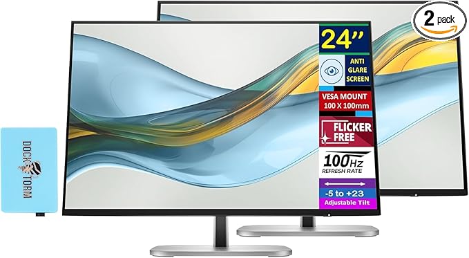 HP Series 5 Pro 524pn 24 WUXGA IPS Monitor 5ms Response time Anti-Glare Flicker Free VESA Mount (100mm) HDMI DisplayPort &amp Dockztorm USB Port Expander Black/Silver Color (9D9A7AA#ABA) 2 Pa
