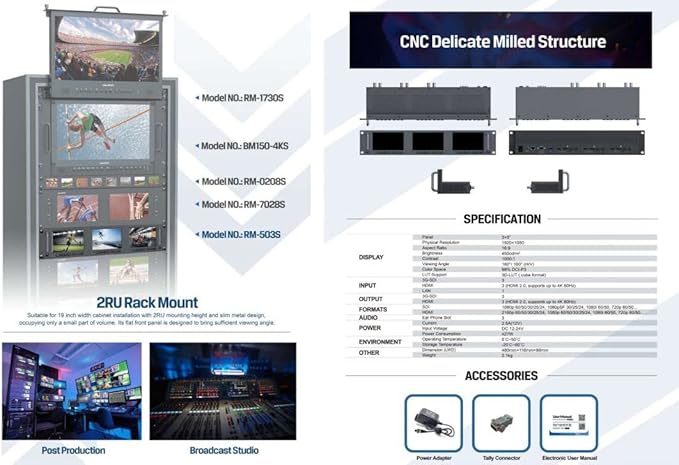 LILLIPUT RM-503S 3 X 5 inch Full HD 2RU Rack Mount Monitor 1920x1080 HDMI 2.0 3G-SDI Input and Output with Waveform and Vector Functions