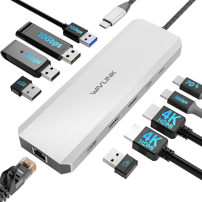 Laptop Docking Station WAVLINK 10Gbps Docking Station with Dual HDMI 100W PD in 10Gbps USB-A/C 3.2 5Gbps USB-A USB2.0 Gigabit Ethernet for Dell/HP/Lenovo etc Windows Systerm Computer Only