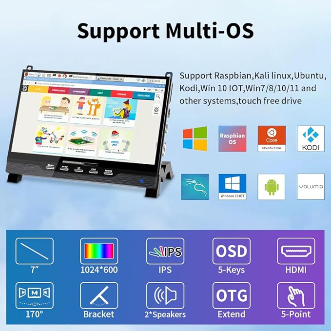 7 Inch HDMI Touchscreen Display Compatible with Raspberry Pi 51024x600 Pixel IPSSunlight ReadableBuilt-in SpeakersDriver-Free