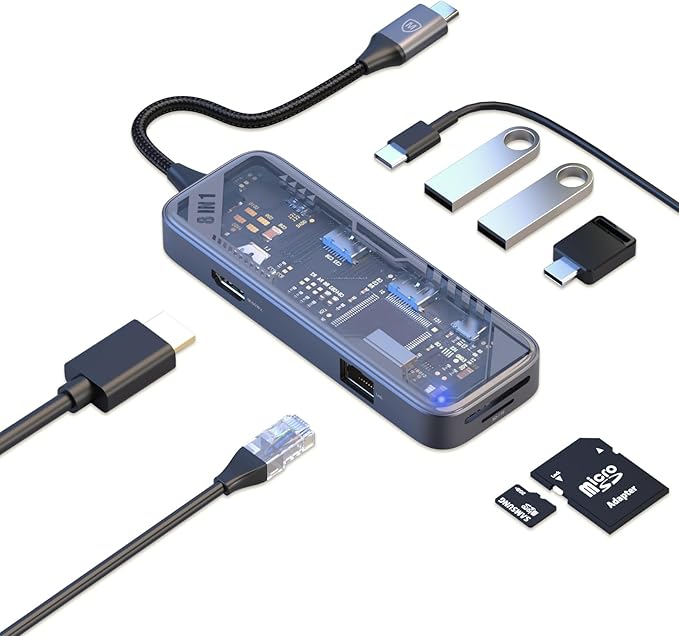 MicroPack USB C Hub 8-in-1 with 100W PD Charging 4K@60Hz HDMI Gigabit Ethernet 3 USB 3.2 5Gbps SD/TF Card Reader Aluminum USB-C Multiport Adapter for MacBook Pro/Air iPad Laptop