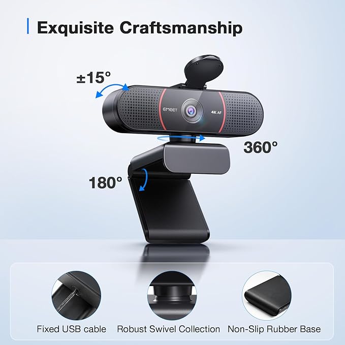 EMEET C960 4K Webcam for PC 4K UHD CMOS Sensor PDAF Auto Focus Dual Omnidirectional Mics Auto Light Correction 73° FOV Plug&ampPlay Webcam w/Privacy Cover Works w/Zoom/Teams/Skype/Google Meet