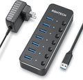 USB 3.0 Hub RSHTECH 7 Port Powered USB Hub Expander Aluminum USB 3.0 Data Port hub with Universal 5V AC Adapter and Individual On/Off Switches USB Splitter for Laptop and PC(Black)
