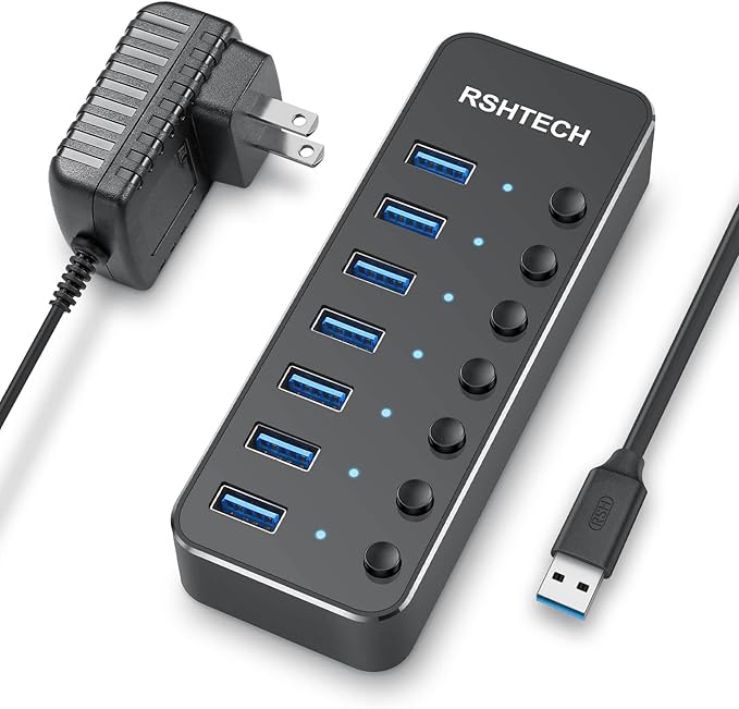 USB 3.0 Hub RSHTECH 7 Port Powered USB Hub Expander Aluminum USB 3.0 Data Port hub with Universal 5V AC Adapter and Individual On/Off Switches USB Splitter for Laptop and PC(Black)