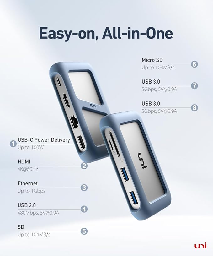 uni USB C Hub 8-in-1 USB Type C Multiport Hub 4K @60Hz HDMI 1-Gbps LAN 100W PD 5 Gbps USB 3.0 Compatible with iPad Pro MacBook Pro/Air Dell XPS Galaxy etc 3FT