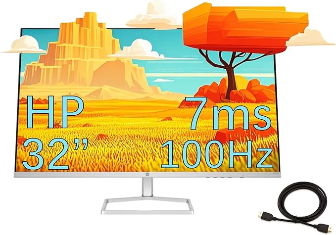 HP Monitor 32 VA Panel FHD(1920X1080) Anti-Glare Display 100Hz Refresh Rate 7 MS Response Time 2 x HDMI 1.4 1 x VGA 16:9 Aspect Ratio Silver with HDMI Cable