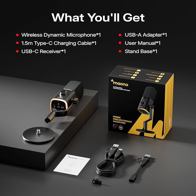 MAONO PD100W USB Wireless Microphone for PC Gaming Streaming Dynamic Mic with One-Click Noise ReductionMute ButtonCustom RGB 3.5mm Headphone Jack Desktop Podcasting Mic for Computer Phone Black