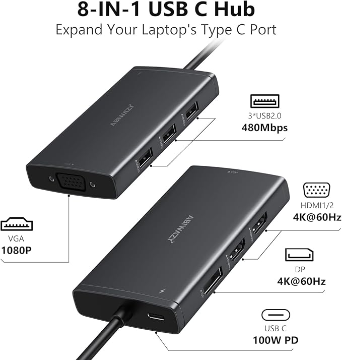 ABIWAZY USB C Docking Station Dual Monitor for HP Dell Lenovo Thinkpad Surface 8 in 1 Computer Multiple Monitor Hub Adapter to Dual 4K HDMIDisplayPortVGA 00W PD3 USB for Windows Laptops(Black)