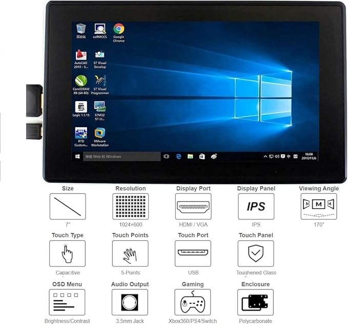 waveshare 7inch HDMI LCD (H) (with case) 1024x600 for Raspberry Pi IPS Display Capacitive Touch Screen Monitor with Toughened Glass Cover Case for Raspberry Pi 4/3/2/1 B B+ A+/Jetson Nano/Windows 10