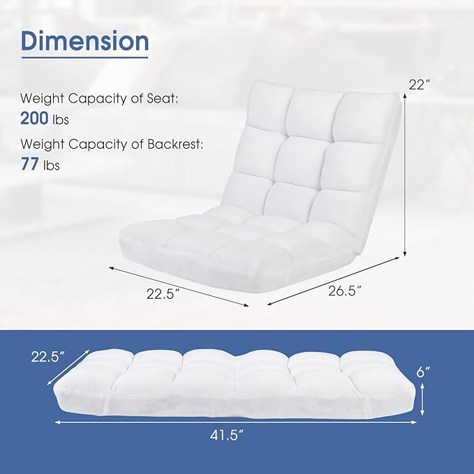 ARLIME Adjustable Floor Chair 14-Position Lazy Sofa Chair with Back Support &amp Thick Padding Portable Foldable Floor Couch for Adults Kids Use in Bedroom Living Room Home Theater (White)