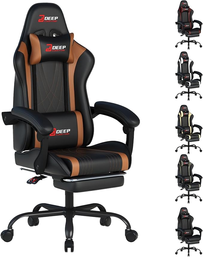 Ergonomic Gaming Chair with Footrest and Lumbar Massage Racing Office Chair High Back Computer Desk Chair with Headrest Pillow for Adults Video Game Chair for PC Gamer (1001-Brown)