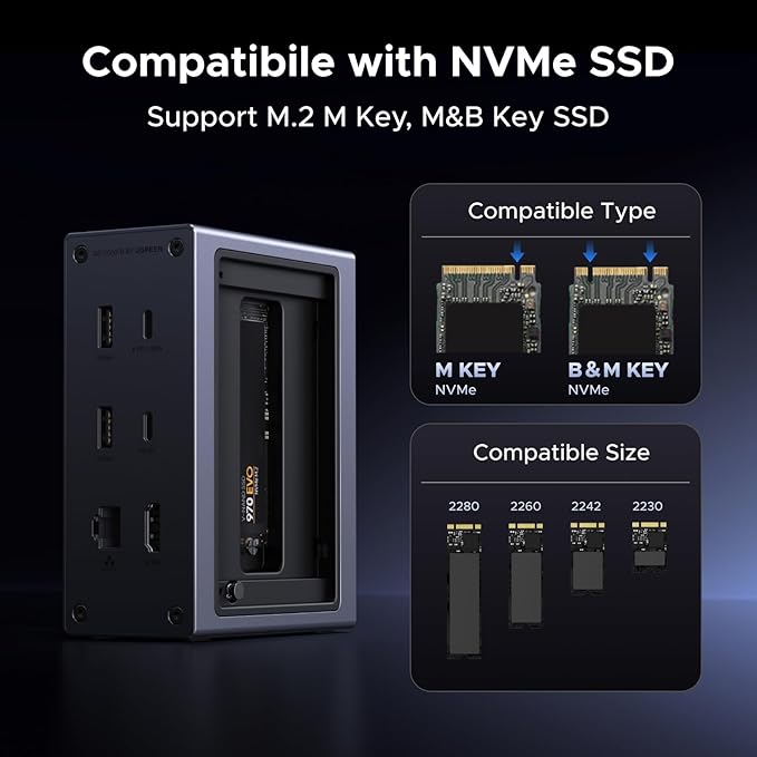 UGREEN Revodok NVMe Docking Station 10-in-1 USB-C Hub 4K@60Hz HDMI M.2 NVMe SSD Enclosure 10Gbps USB-C/A 100W PD Charging Gigabit Ethernet SD/TF for MacBook M5 Mac mini M4 Windows Laptop