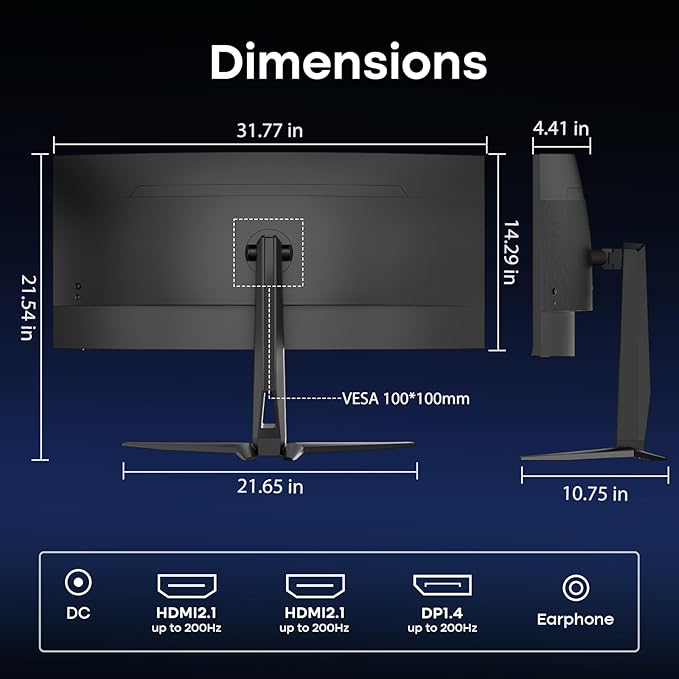 Amzfast 34 Inch UltraWide Curved Monitor 200Hz UWQHD 3440x1440 Gaming Monitor 1ms G-SYNC Compatible 1500R PIP/PBP 131% sRGB Tilt/Swivel/Height AdjustableTÜV Rheinland HDMI 2.1 x 2 &amp DP 1.4