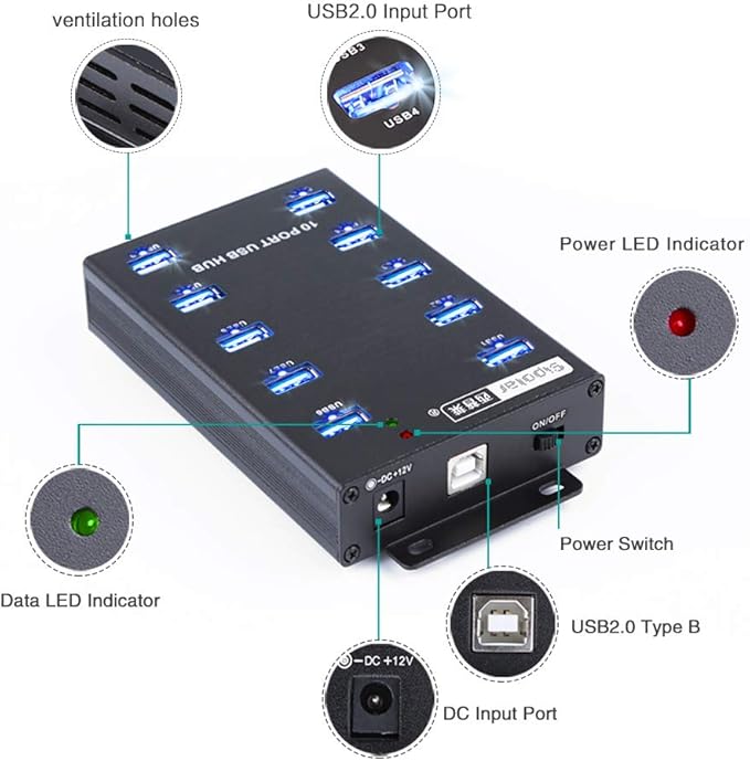 Sipolar-USB Hub- 10 Ports USB Data Hub-Industrial USB Powered Hub - USB 2.0 Hub for Mining Bitcoin Miner