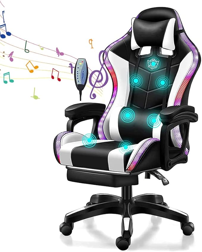 Video Gaming Chairs with LED Light Ergonomic Pro Gaming Chair with Full Massage Lumbar Support and Bluetooth Speakers Computer Chair with Retractible Footrest and Backrest AdjustableWhite