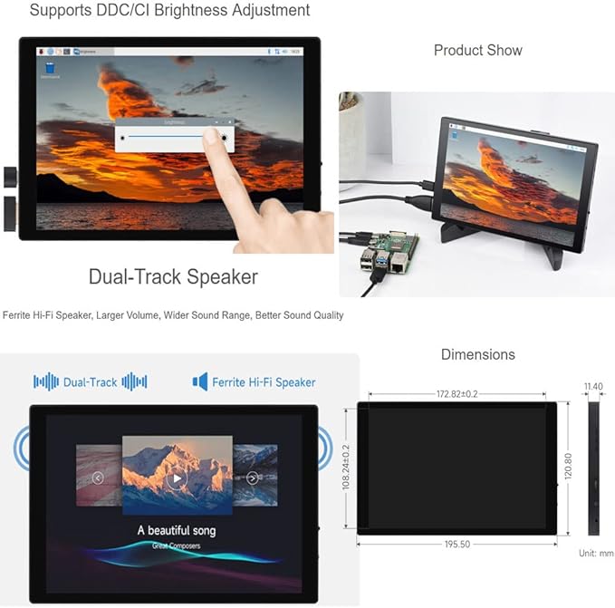 8inch 1280×800 IPS Capacitive Touch Display for Raspberry Pi Jetson Nano Smartphone with Optical Bonding Toughened Glass Panel Interface HDMI Type-C Hi-Fi Speaker (8HP-CAPLCD Monitor)
