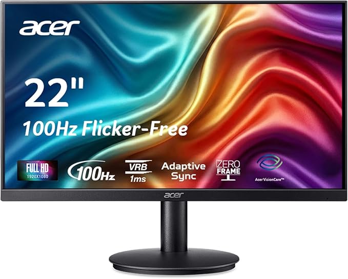 acer KB220Q H2bi 21.5 Full HD (1920 x 1080) Zero-Frame Home Office Monitor | Adaptive-Sync Support (FreeSync Compatible) | Up to 100Hz Refresh | 1ms (VRB) | sRGB 99% | Tilt | HDMI &amp VGA Ports