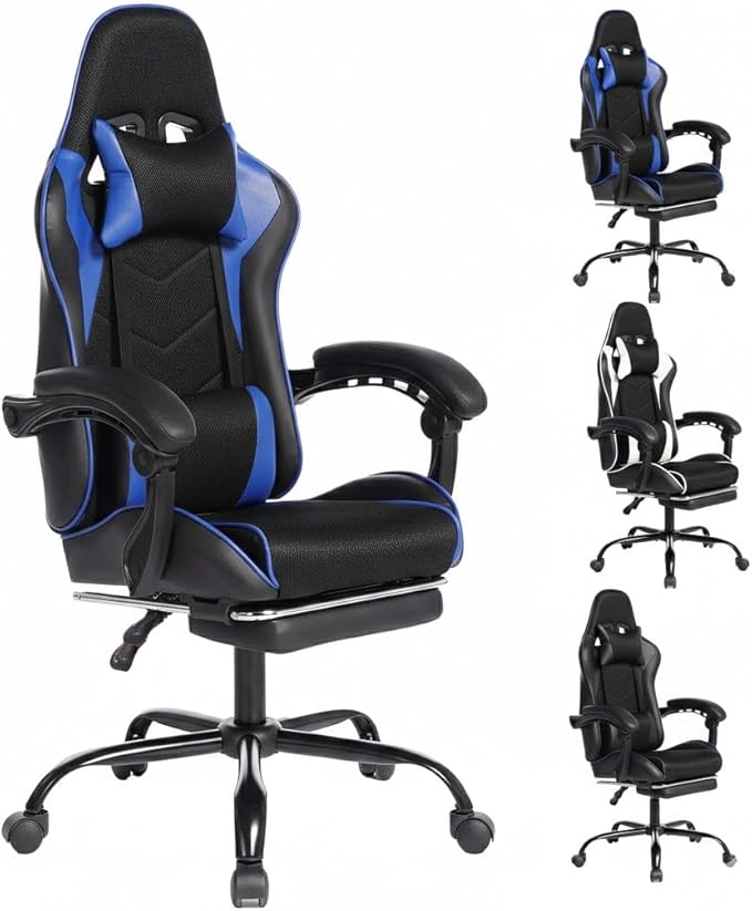 Gaming Chair Gaming Chairs for Adults Ergonomic Gaming Chair with footrest Video Computer Chair with Headrest and Massage Lumbar Support for Adults Kids 12+ (Black+Blue-B)