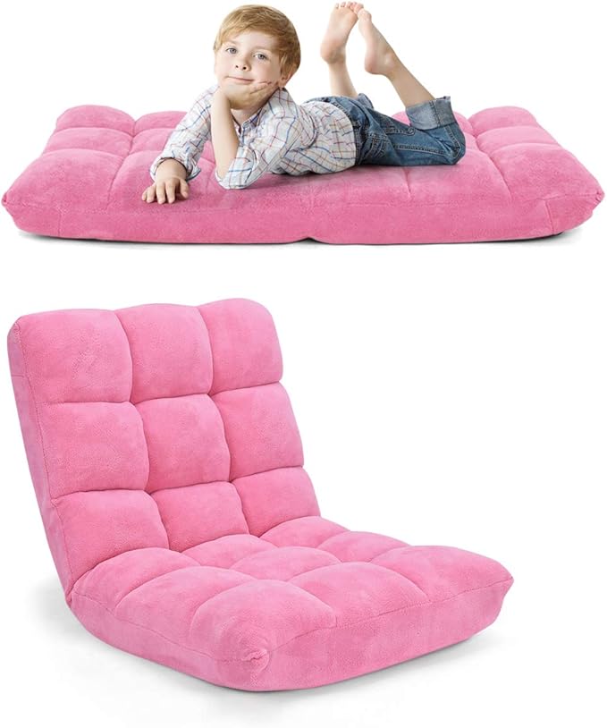 Floor Folding Sofa Chair 14-Position Adjustable Folding Couch Sleeper Bed Couch Gaming Recliner for Living Room Bed Room (Pink)
