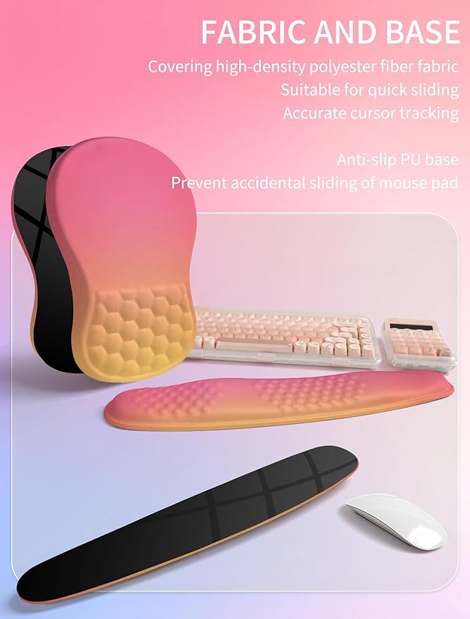 Hokafenle 2in1 Combination Wave Keyboard Wrist Rest and Ergonomic Curvature Mouse Pad Wrist Support for Relieve Wrist Pain Filled with Soft Cushion Memory Foam Sunset Glow