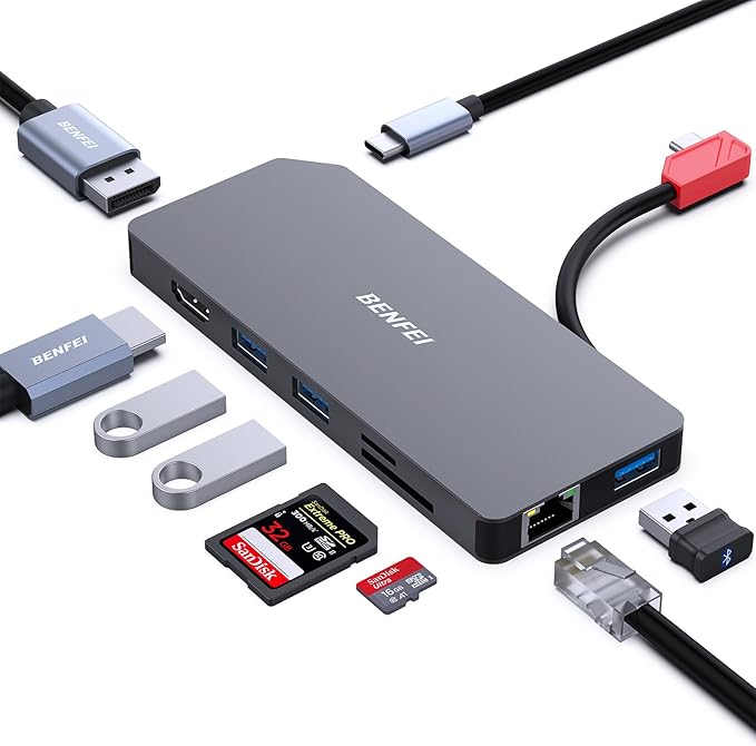 BENFEI 9in1 USB C MST Laptop Docking Station USB-C Hub with HDMI DisplayPort Dual Monitor/3*USB Type-A/1*USB Type-C(10Gbps+100W PD)/SD/TF Card Reader/1*RJ45
