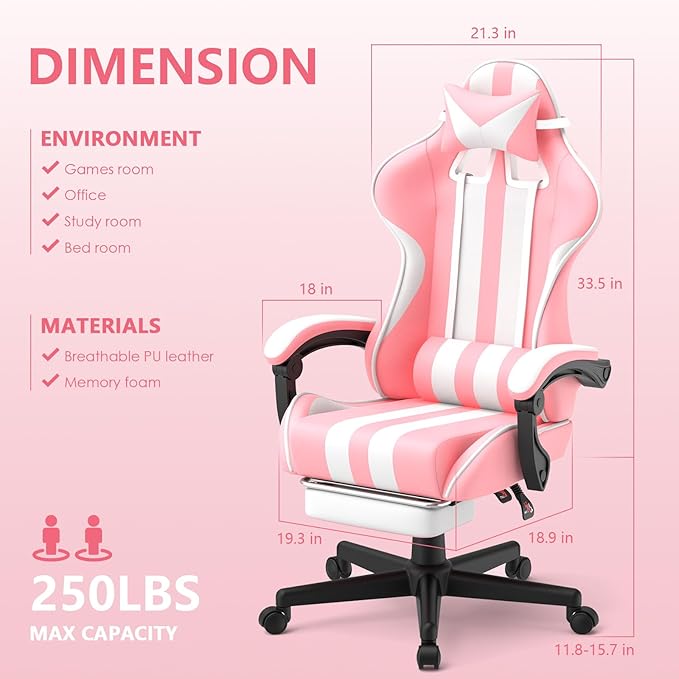 Huracan Gaming Chair with Footrest Adjustable Video Game Computer Chairs for Adults Reclining Backrest Office Desk Chair with Headrest and Lumba Pillow Pink