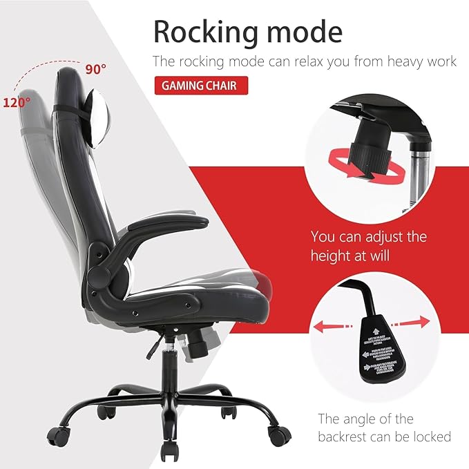 Gaming Chair High Back Computer Chair Egonomic Office Chair PU Leather Video Game Chairs Swivel Executive Chairwith Flip Up Arm Headrest Racing Chairs Rolling Chair for Adults White