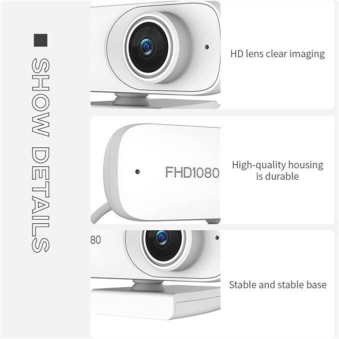 Autofocus 1080P Webcam Cover HD Web Camera with Microphone for Computer Laptop PC Camera for Video Meeting Streaming for Business Meetings (Color : White)