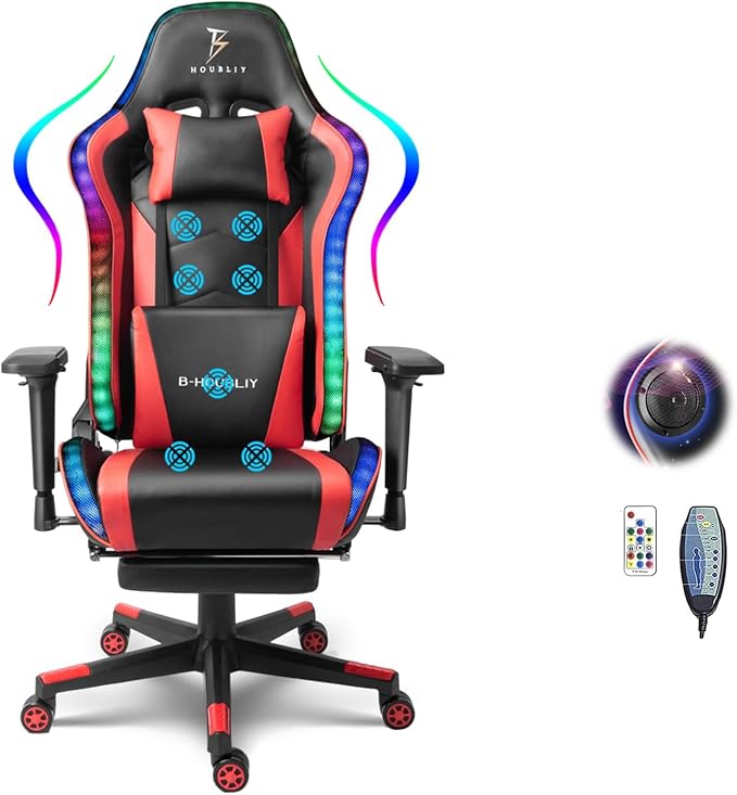 Massage Gaming Chair High Back Office Computer Chair with Speakers and RGB Lights Recliner Chair Music Video Game Chair with Headrest and Lumbar Support for Home OfficeRed