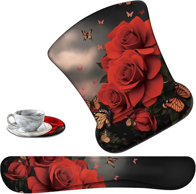 Keyboard Wrist Support + Wrist Mousepad + Coaster Combination Non-Slip PU Base with Gel Memory Mousepad Suitable for Gaming Office Pain Relief Mousepad Set - Flower Butterfly Pink Rose