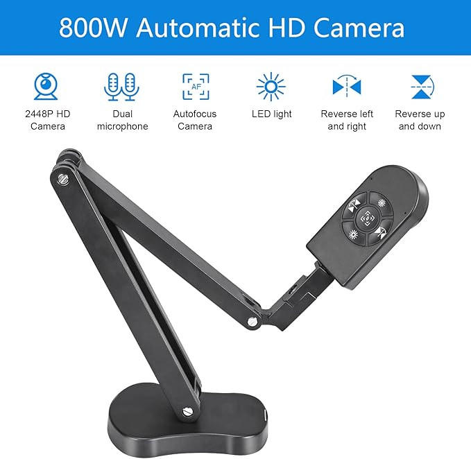 4K USB Document Camera for Teacher 8MP Webcam &amp Visualiser for A3 Size with Dual Microphones 3-Level LED Light Image Invert Foldable for Live Demo Work with Windows macOS and Chrome OS