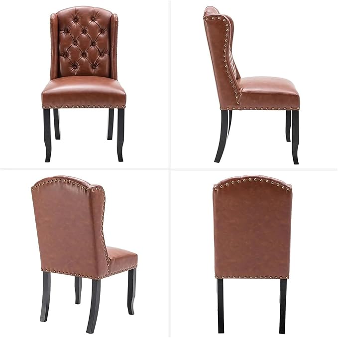 Adjustable Office Computer Chair with Armrest 1pcs Modern Style Brown Leather Upholstered Solid Wood Decorative Dining Room Chairs