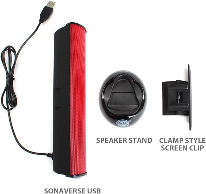GOgroove SonaVERSE USB Speakers for Laptop Computer - USB Powered Mini Sound Bar with Clip-On Portable External Speaker Design for Monitor One Cable for Digital Audio Input and Power (Red)