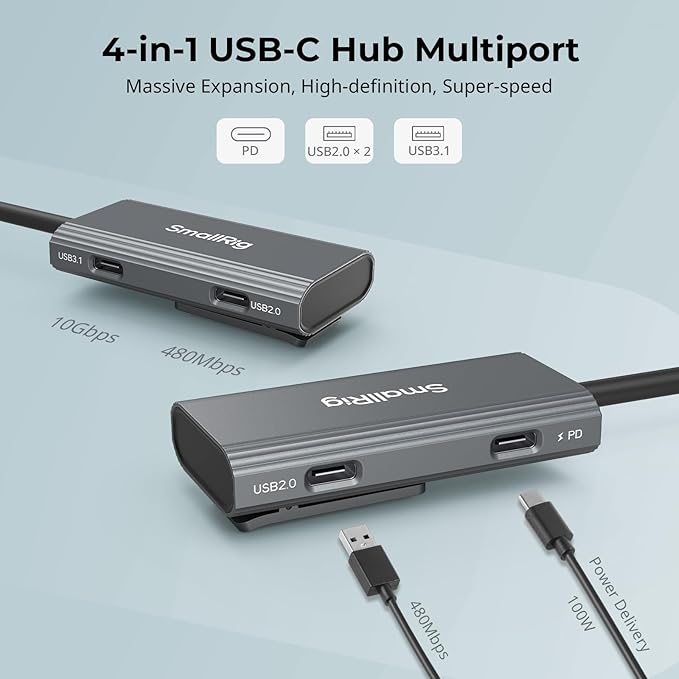 SmallRig 4-in-1 USB-C Hub with a Cold Shoe Mount Type- C Multiport Hub with PD 100W / USB-C 3.1/2.0 with Audio Adapter x 2 for Mobile Shooting of ProRes Videos at 4K 60fps - 4598