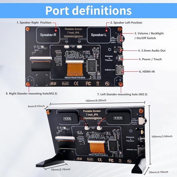 GeeekPi 7 Inch Capacitive Touchscreen for Raspberry Pi 1024x600 IPS LCD Display with Dual-Speaker HDMI Portable Monitor for Raspberry Pi 5/Pi 4B/3B+/3B/B+/Zero/400 Win11/10/8/7 Free-Driver