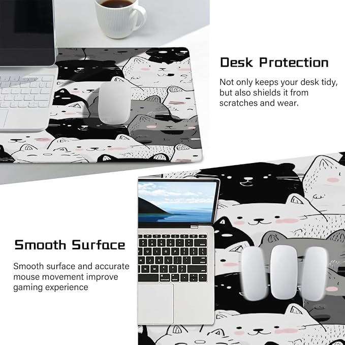 Large Black White Cat Mouse Mat Computer Mousepad with Non-Slip Rubber Base Waterproof Mouse Pad Desktop Keyboard Pad for GamerHome School Laptop Office Accessories16x35.5in