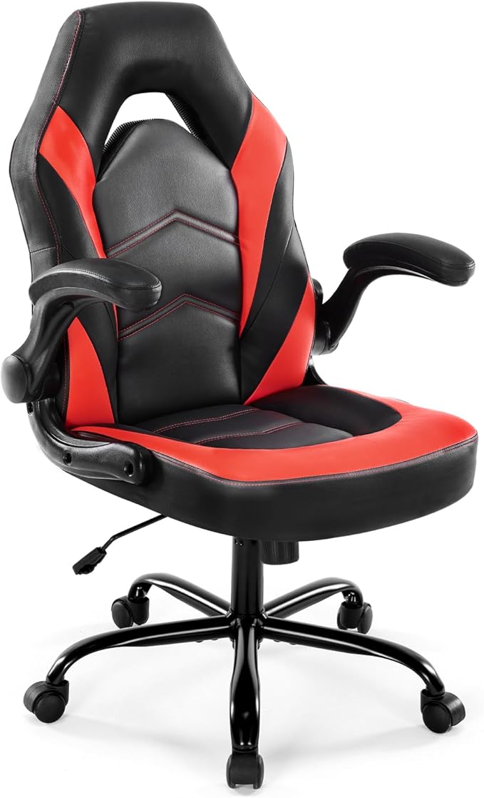 DUMOS Computer Gaming Home Office Chair - Ergonomic Big and Tall Desk with PU Leather Lumbar Support Height Adjustable High Back Video Game with Flip-up Armrest Swivel Wheels for Adults and Teens