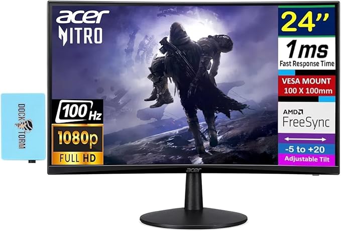 acer Nitro 24 Curved Gaming Monitor FreeSync 100 Hz FHD 1500R Curve ZeroFrame Design with 1ms Response Time VESA Mount (100mm) VGA HDMI &amp Dockztorm USB Port Expander Black (2025 Latest Model
