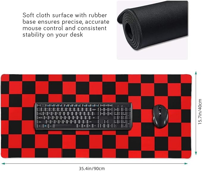Black Red Checkered Mouse Pad Large Desk Mat for Keyboard and Mouse Non-Slip Gaming Mousepad Office Desk Accessories for Computer 35.4x15.7Inch
