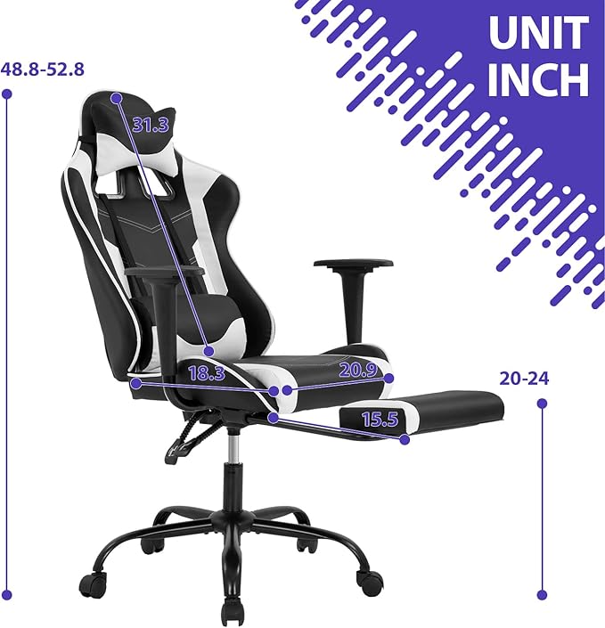 Gaming Chair Ergonomic Computer Racing Style Office Chair Adjustable High Back Gamer Chair for Home Office with Footrest Headrest Lumbar SupportWhite