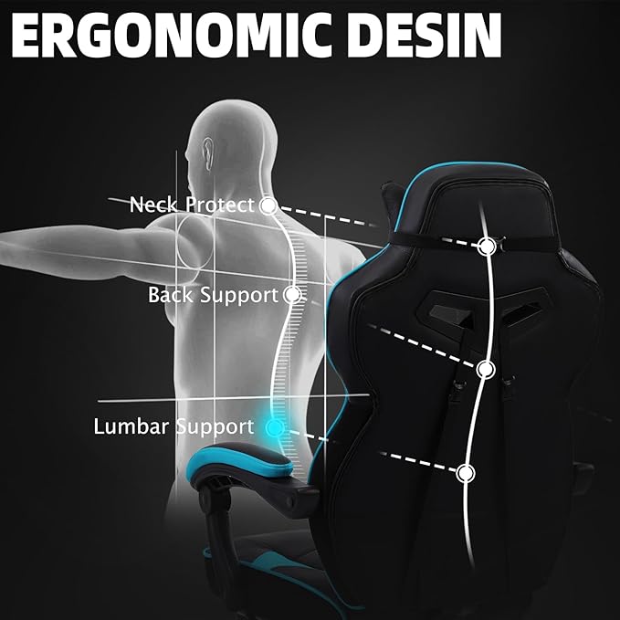 Vonesse Gaming Chair High Back Gaming Chair with Footrest and Massage Gaming Chairs for Adults with Pocket Spring Cushion Big and Tall Reclining Computer Chair with Lumbar Support (Cyan/Black)
